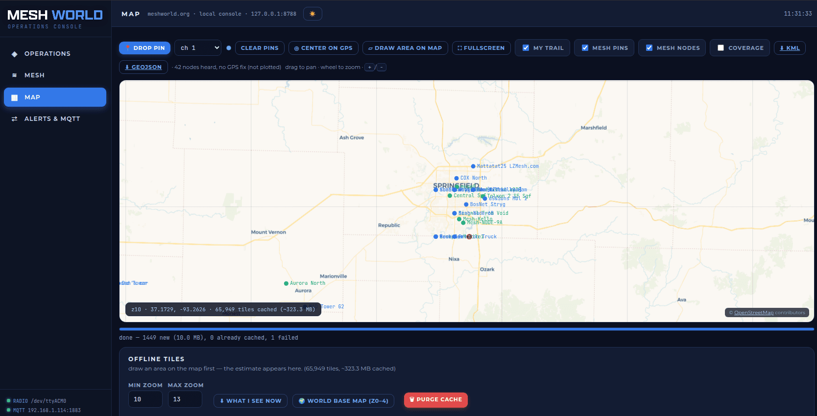 Mesh World Operations Console — live node map with offline cached tiles